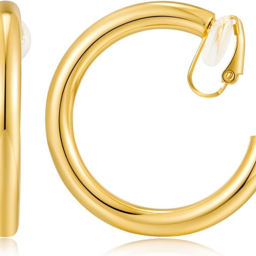 Gold Clip On Hoop Earrings Women Large Chunky Non Pierced Minimalist Jewelry